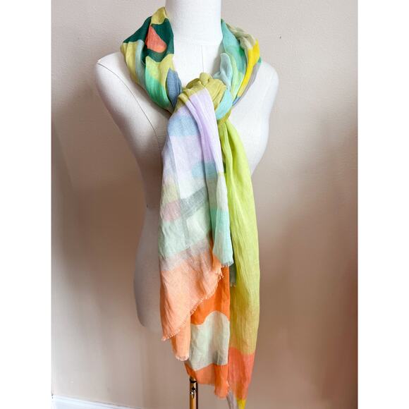 Women's Boho Lightweight Colorful Cotton Scarf Green Orange Abstract Artsy Funky - Picture 2 of 5
